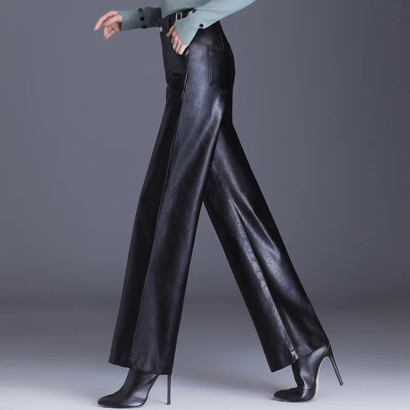 Modern Leather Leg PU Trousers/ Back Elastic Waist  Straight Elegant  Leather Trousers.