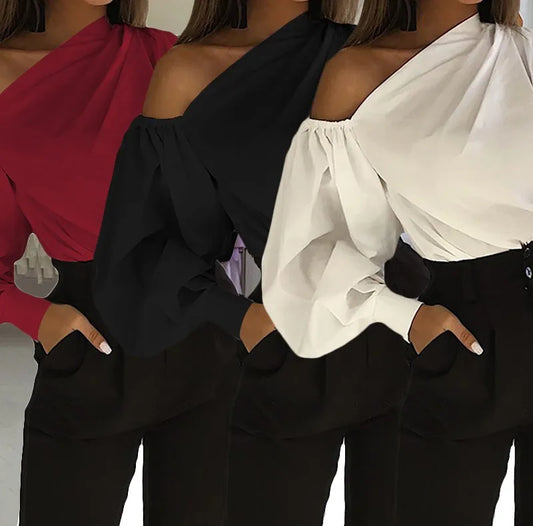 Women's Solid Color Oblique/Shoulder fit long Sleeve. For casual use/Off Shoulder design. Female Fashion Lantern Long Sleeve Shirts.