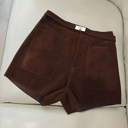 Real Sheepskin Leather Shorts for Women – 2026 New Arrival Casual Genuine Leather Shorts with White Belt, High-Quality Sheepskin, Versatile Summer & Street Style