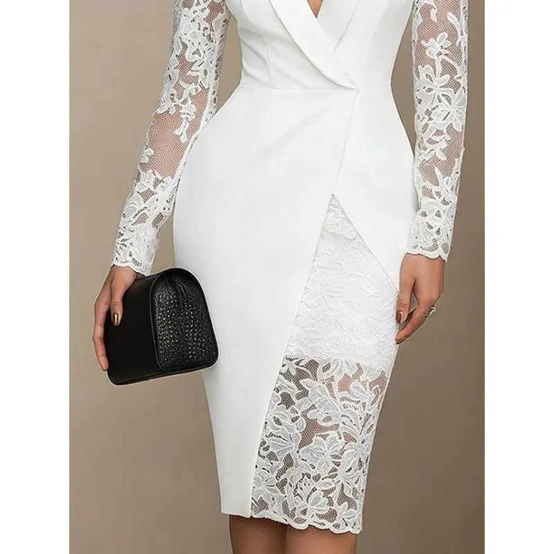 Elegant Lace Sleeve Tuxedo Midi Dress