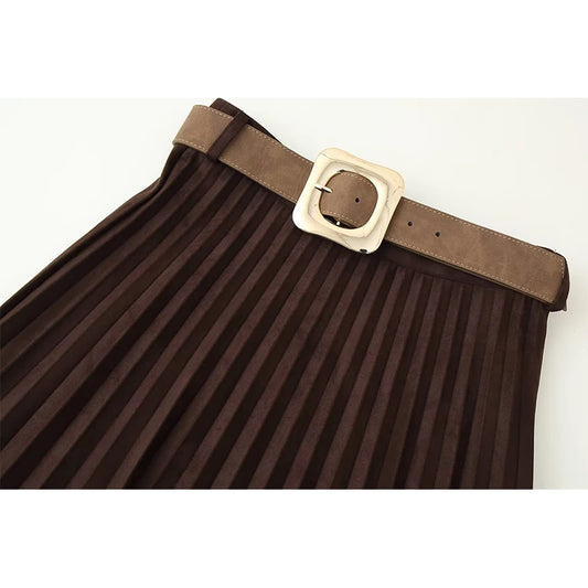 Flowing Effect Pleated Skirt/Neutral Beauty Layered Skirt/Midi Long Skirt/High Waist Elegant Faux Suede Skirt With Belt.