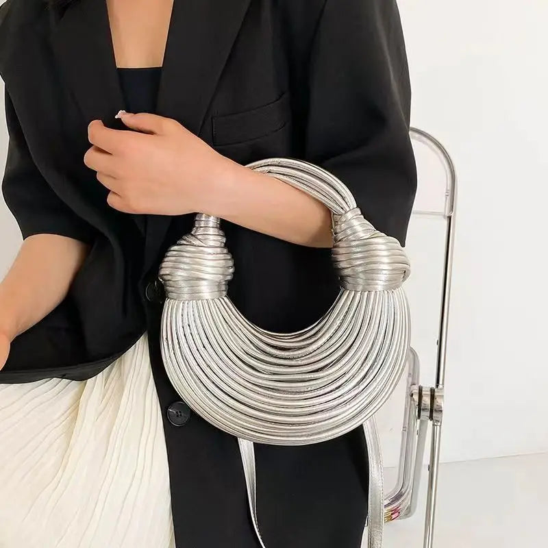 New Gold Luxury Designer Brand Handwoven Noodle Bags Rope Knotted Pulled Hobo Silver Evening Clutch Chic.