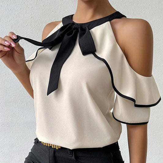 Elegant Bow Strapped Blouse/New Designed Off Shoulder Blouse/Double Ruffled Short Sleeve Shirt/All-Match Solid Top.
