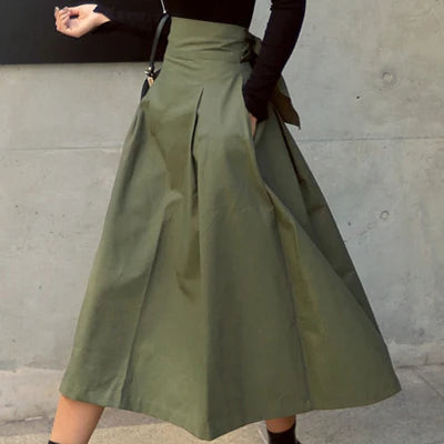 Fashion Patterned A~Line Skirt/Solid Color Swing Pleated Skirt/Long Wild High Waist Bow Slim Midi Skirts.