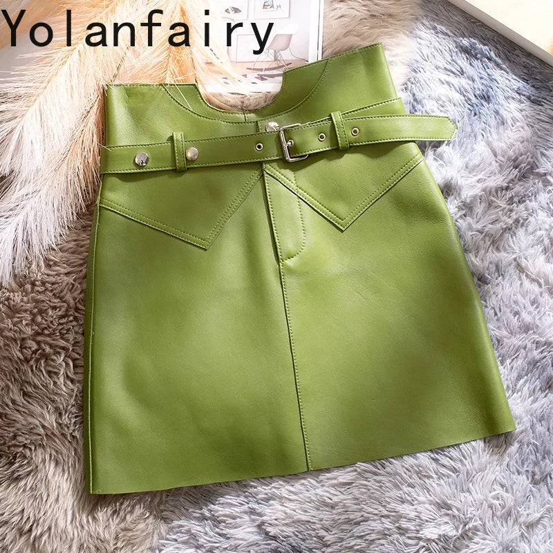Women’s Genuine Sheepskin Leather Mini Skirt – High Waist Belted Office Chic Skirt