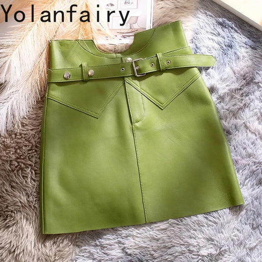 Women’s Genuine Sheepskin Leather Mini Skirt – High Waist Belted Office Chic Skirt