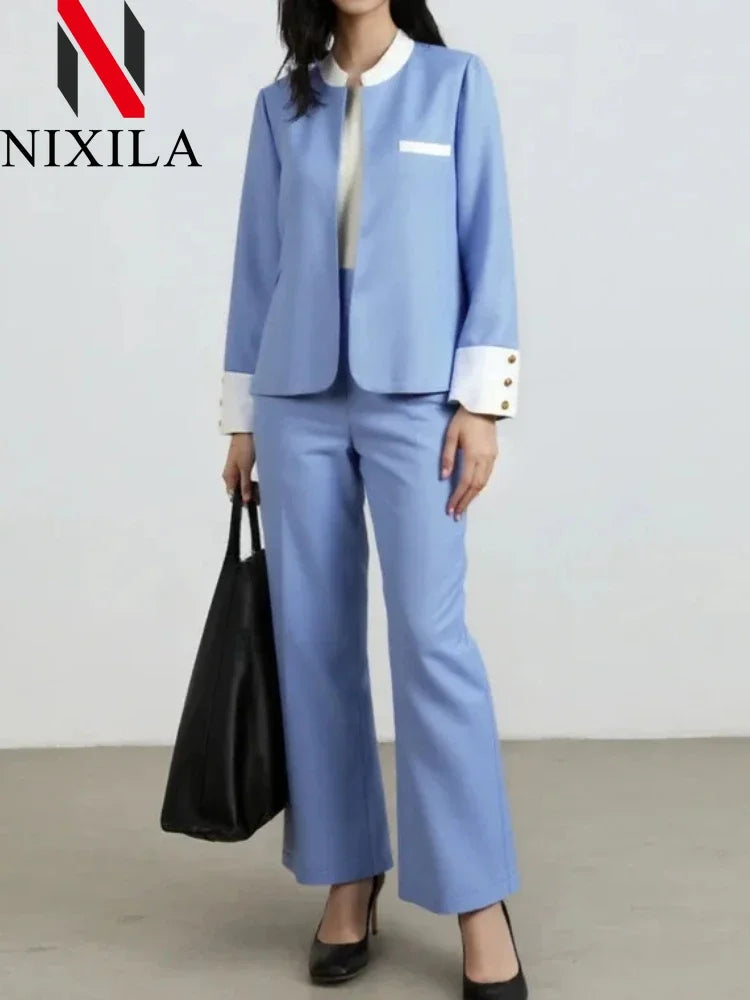 Autumn Pants Set’s/Two Piece Suit Elegant Women Blazer/Cardigan Stand Collar Coat Straight Two Piece Sets Womens Outifits.