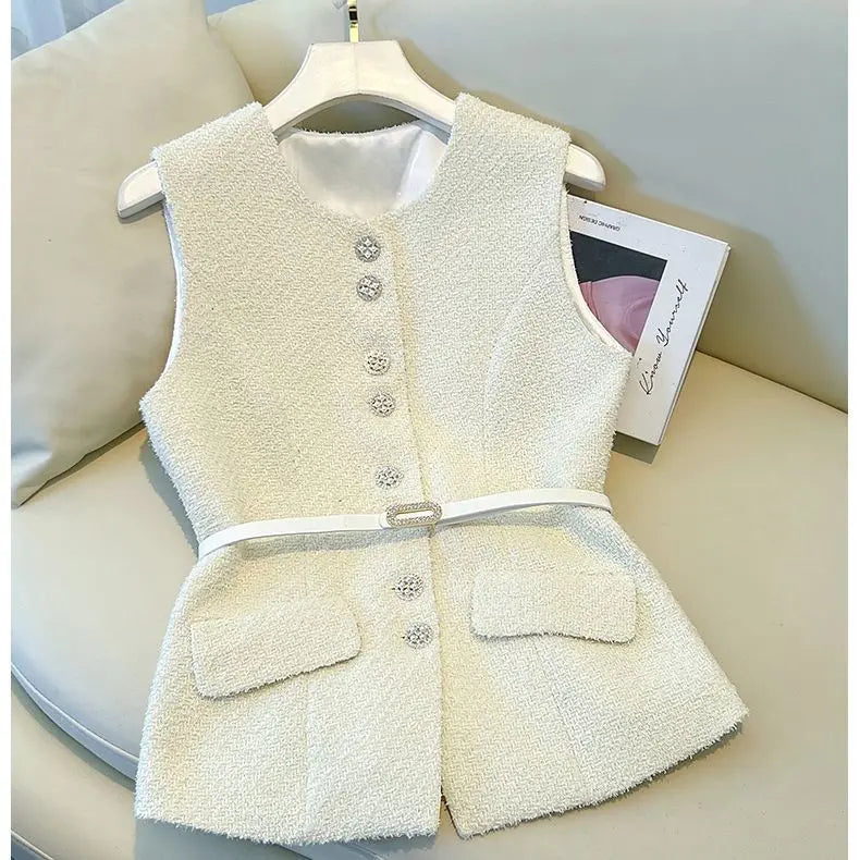 Luxury Cream Bouclé Vest & Tulle Maxi Skirt Set – Elegant Two-Piece Women’s Boutique Outfit