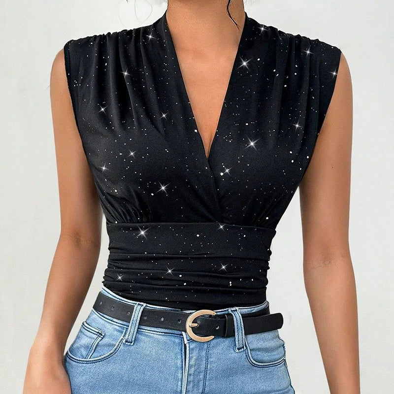 Fashioned Sequined Decor Blouse/New Mesh V~Neck/Folds Sleeveless Tank Top/Streetwear Tight Waist Slim Black Cropped Blouse.
