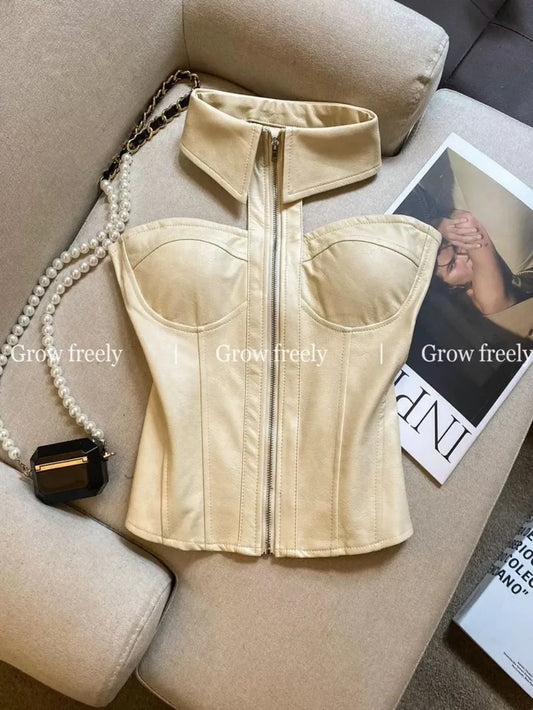 Luxury Halter Neck Corset Bustier Top with Collar & Front Zipper – Champagne Beige & Chocolate Brown Faux Leather Sculpted Top