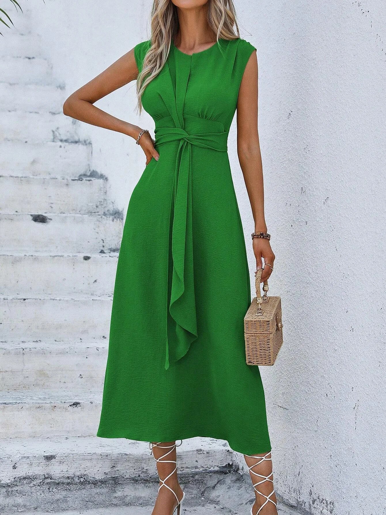 Elegant Sleeveless Waist Tie Midi Dress for Women – Romantic Vacation A-Line Summer Dress | Casual Chic Date Night Outfit | Modern Blend Boutique
