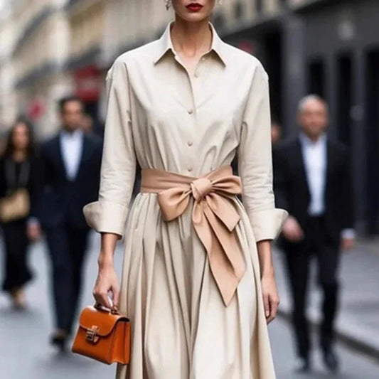 Elegant Single Breasted Bowknot Dress/Model Designed Irregular Fit/Long Sleeve Solid Maxi Dress.