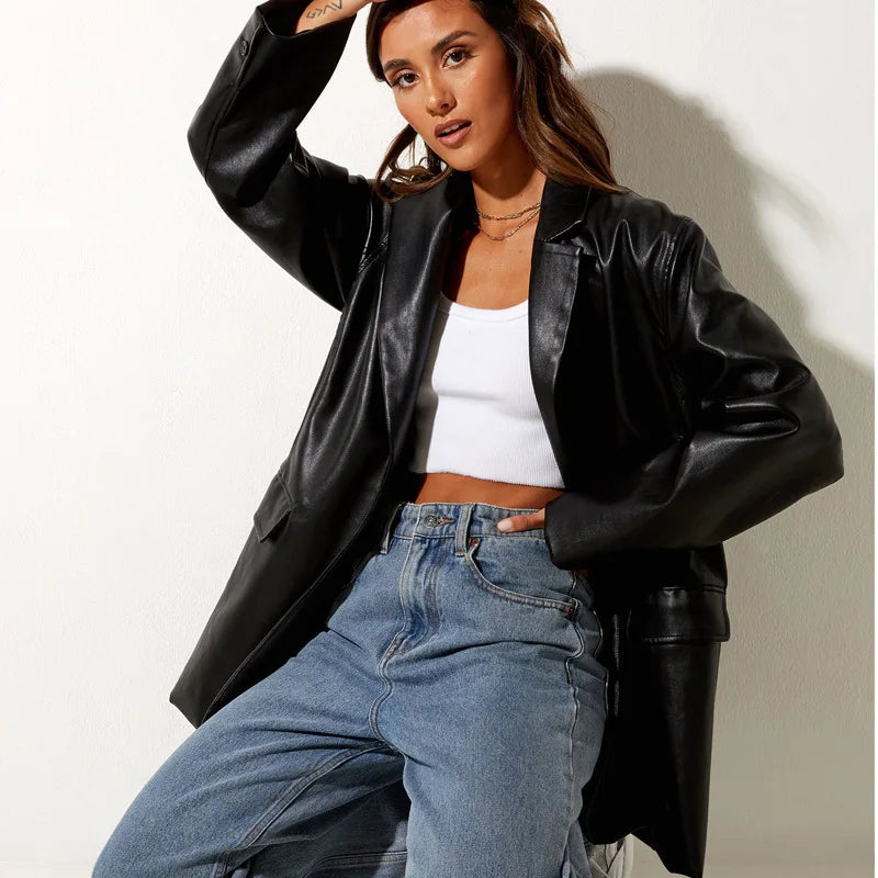 Women’s Oversized Vegan Leather Blazer – Single Breasted Faux Leather Jacket with Pockets