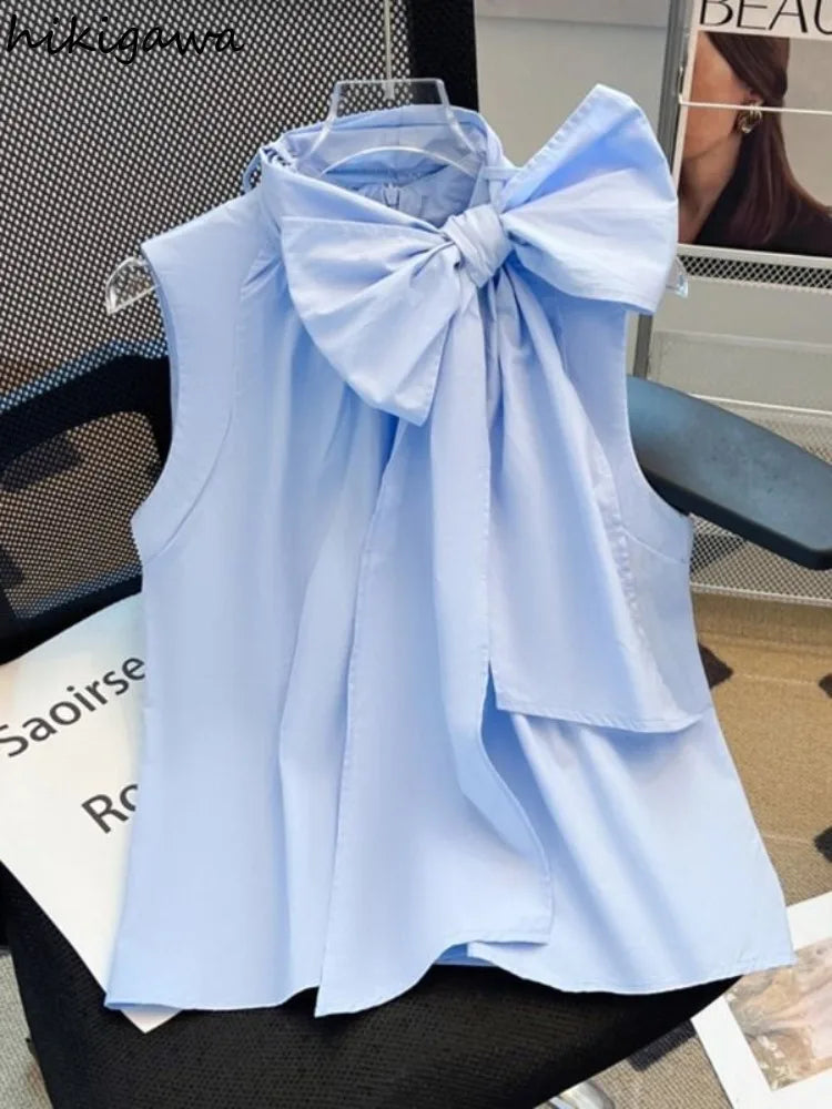 Mini Bow Tuckernuck/NEW White Blythe Ruffle Collar Preppy Sleeveless White Blouse for Women/Sleeveless Loose Shirts Fashion Sweet/All EventTops.