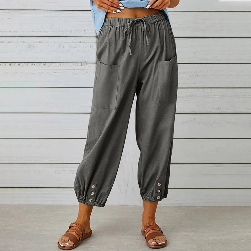 Comfy Carpi Harajuku Pants/Loose Cotton Linen/Solid Color Elastic Waist Loose Straight Trousers/Waist Wide Leg Pants.