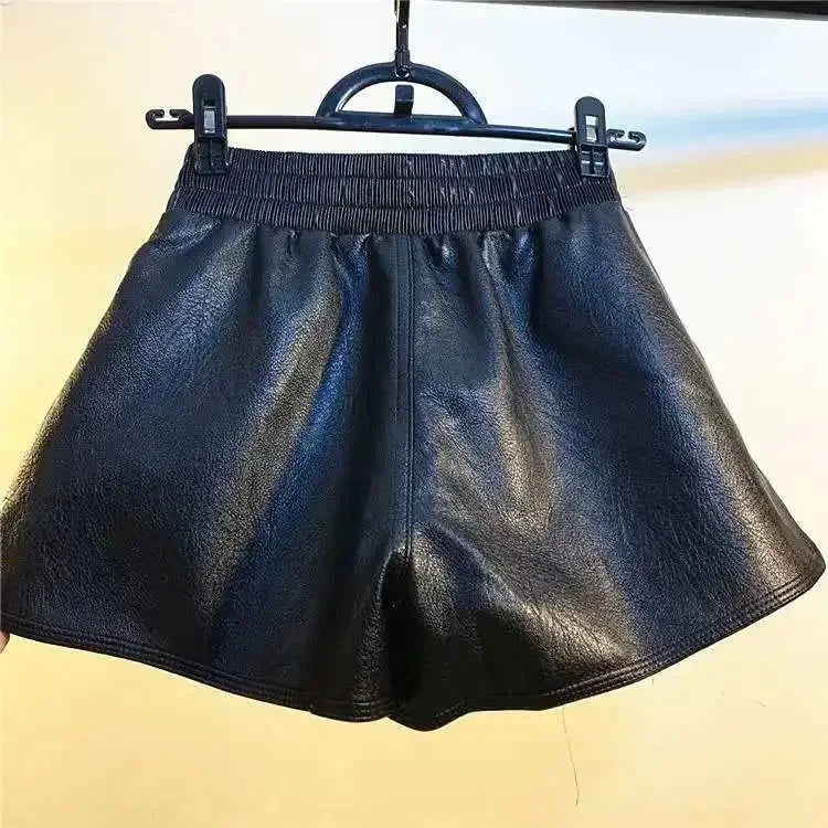 Women’s Boutique Style High-Waist Leather Shorts – Loose Fit Wide-Leg Faux Leather Pants/Versatile Fall Fashion
