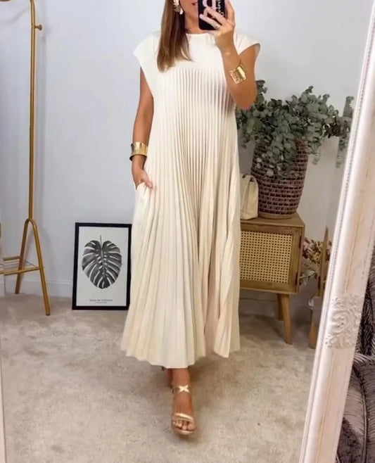 Solid Vintage Loose Pullover/High Waist Dress/Large Hem Long Dress/Fashionable Round Neck Sleeveless Pleated  Mid Calf Women's Dress Femme.