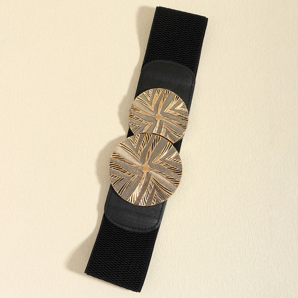 Luxury Wide Elastic Waist Belt for Women – Gold Statement Buckle Stretch Fashion Belt