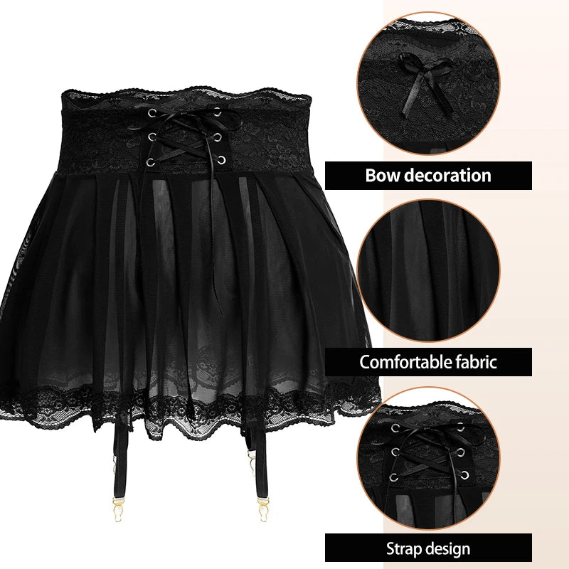Sexy Transparent Lace Mini Skirt/Women's Bow Decoration Chiffon Micro Skirt Lace Edge Sexy Women's Sleeping Skirt.