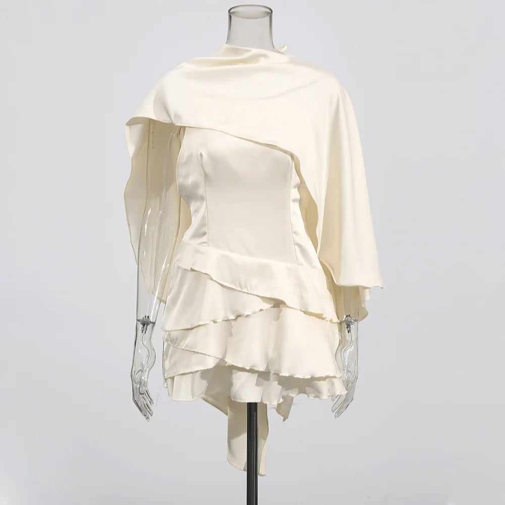 Solid Pullover Laced Dress/Spliced Ruffles Slimming Fitted/O~Neck Sleeveless/High Waist Temperament Mini Dress Female Fashion.