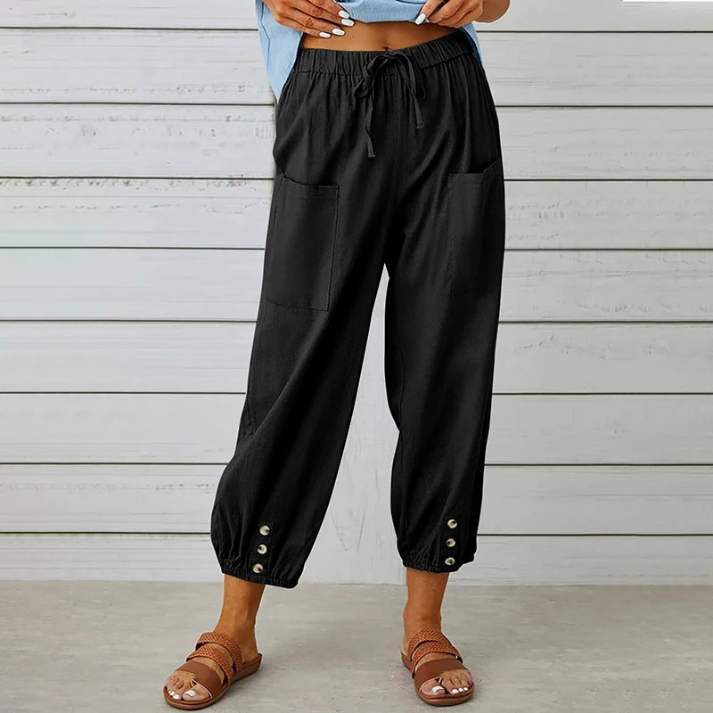 Comfy Carpi Harajuku Pants/Loose Cotton Linen/Solid Color Elastic Waist Loose Straight Trousers/Waist Wide Leg Pants.