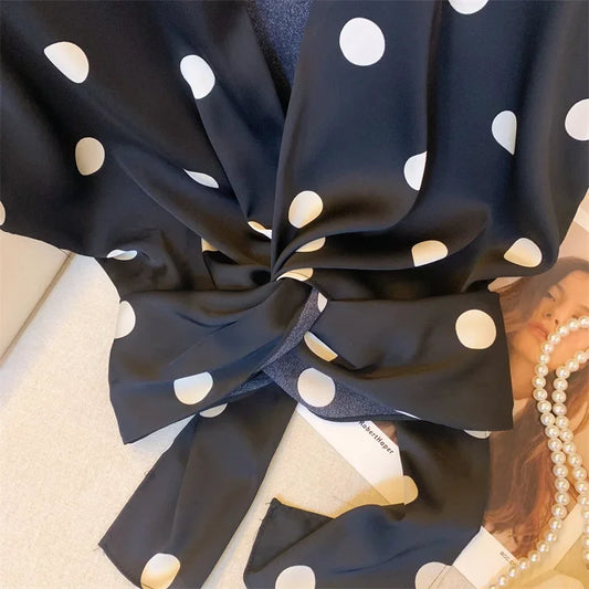 Elegant Polka Dot Tie Front Blouse – Women’s Retro V-Neck Waist Tie Top | French Chic Lightweight Luxury Blouse | Modern Blend Boutique