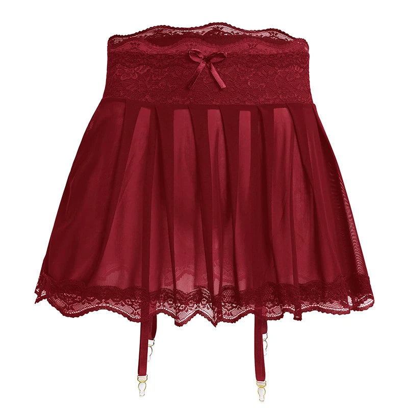 Sexy Transparent Lace Mini Skirt/Women's Bow Decoration Chiffon Micro Skirt Lace Edge Sexy Women's Sleeping Skirt.