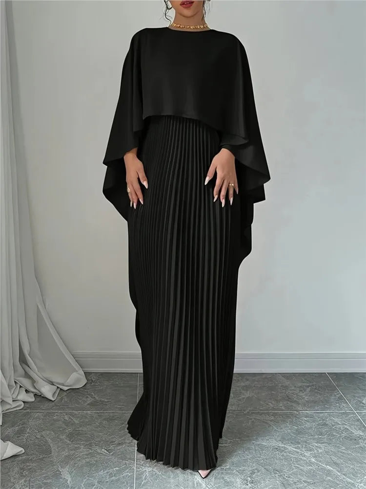 Effortlessly Elegant Cape Dress/Women's Bat Sleeve Curling Irregular Elegant Seven Inch Sleeve Long Dress.