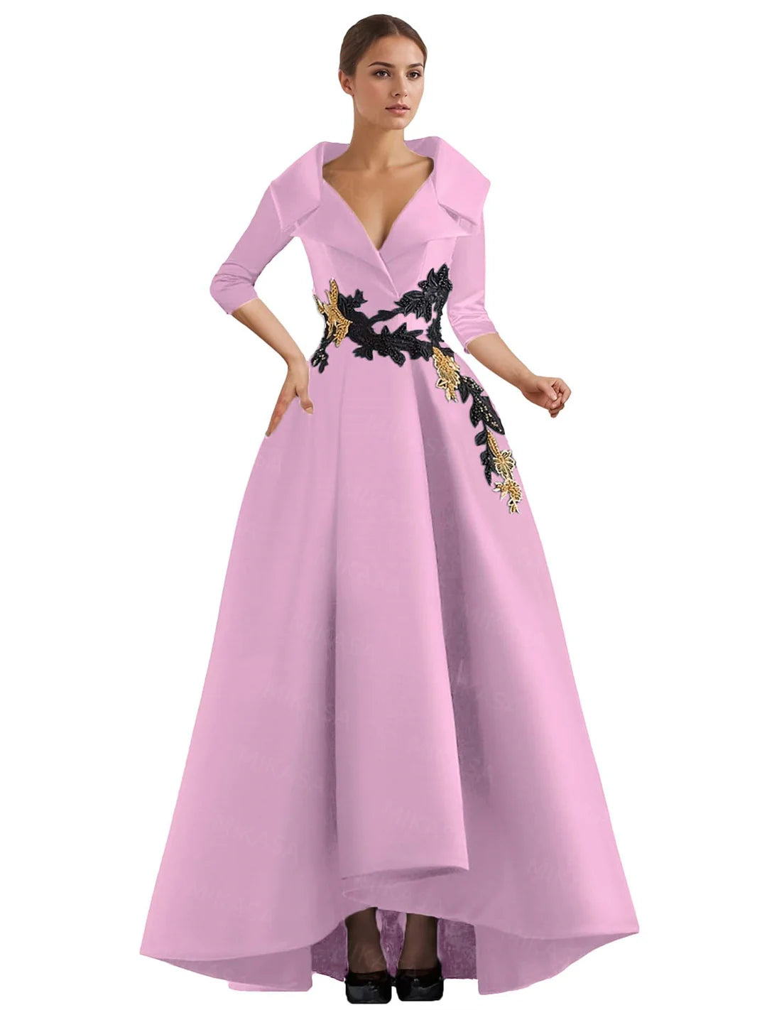 Elegant A Line Vintage Gown/Modern Three Quarter Sleeves V~Neck Dress/Party Gowns With Appliqué’s/Pockets Irregular Ruffles.