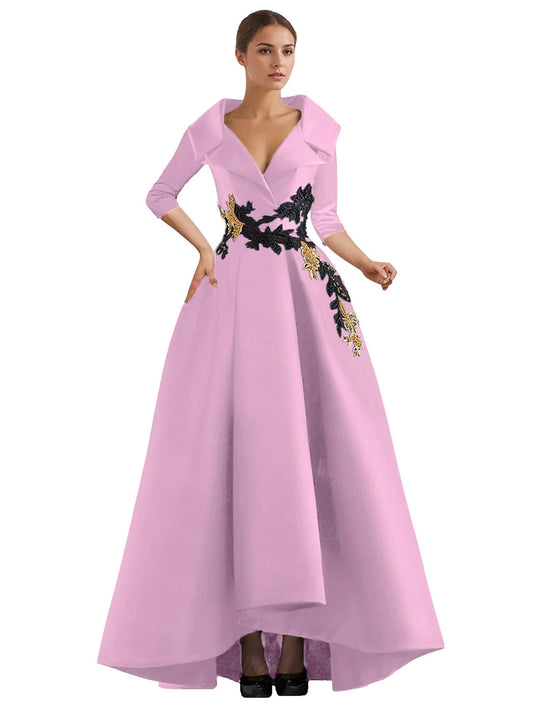 Elegant A Line Vintage Gown/Modern Three Quarter Sleeves V~Neck Dress/Party Gowns With Appliqué’s/Pockets Irregular Ruffles.