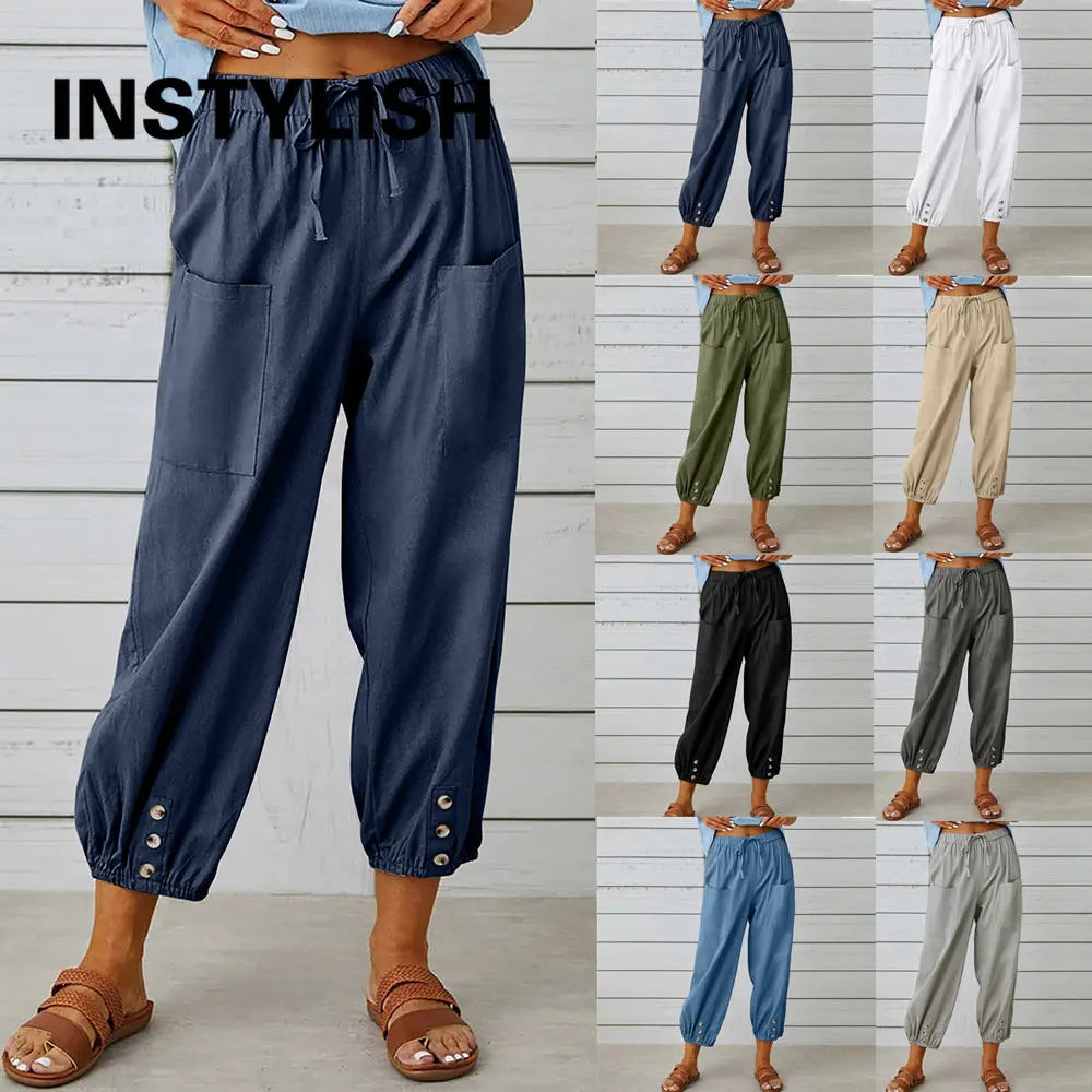 Comfy Carpi Harajuku Pants/Loose Cotton Linen/Solid Color Elastic Waist Loose Straight Trousers/Waist Wide Leg Pants.