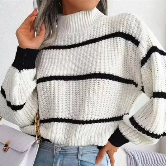 Solid Striped Pullover Turtleneck/Loose fitting Sweater/Long Sleeved Knitted Sweater/High Neck Warm Pullover Knitwears Top.