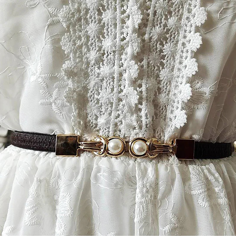 Elegant Double Pearl’s/Elastic Buckle Women Belt’s/Black Thin Straps Lady Girl Dress Skirt Decor Waistbands.