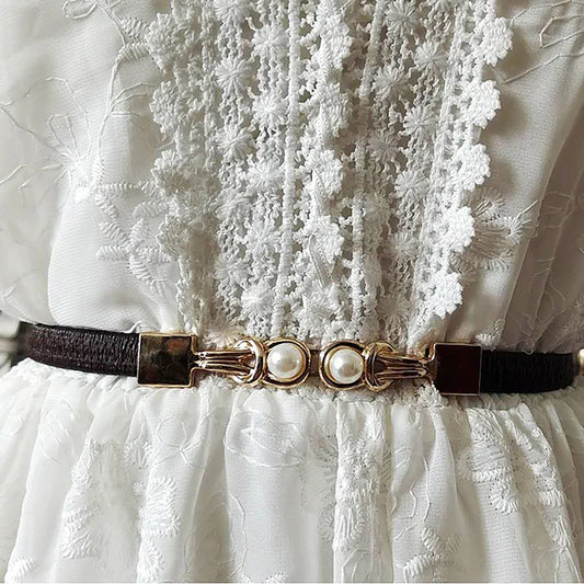 Elegant Double Pearl’s/Elastic Buckle Women Belt’s/Black Thin Straps Lady Girl Dress Skirt Decor Waistbands.