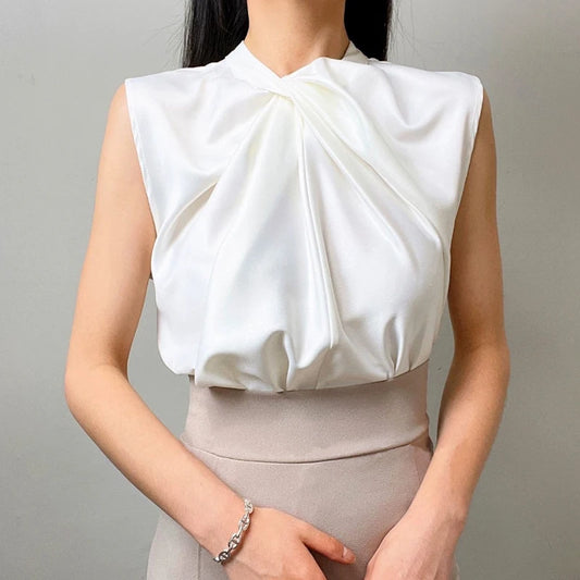 Women’s Satin Twist-Neck Sleeveless Blouse – Elegant Draped Office & Occasion Top