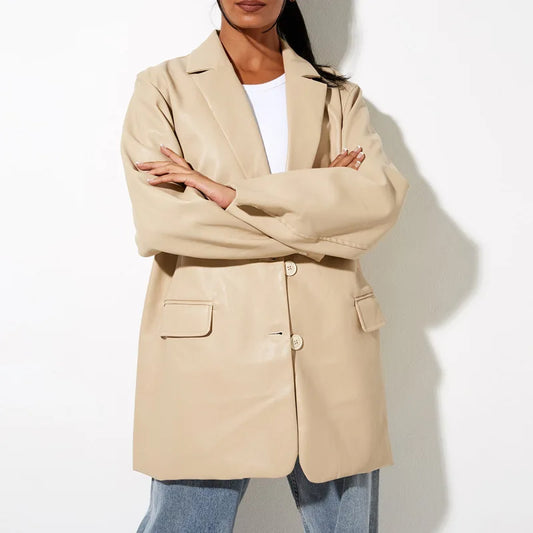 Women’s Oversized Vegan Leather Blazer – Single Breasted Faux Leather Jacket with Pockets