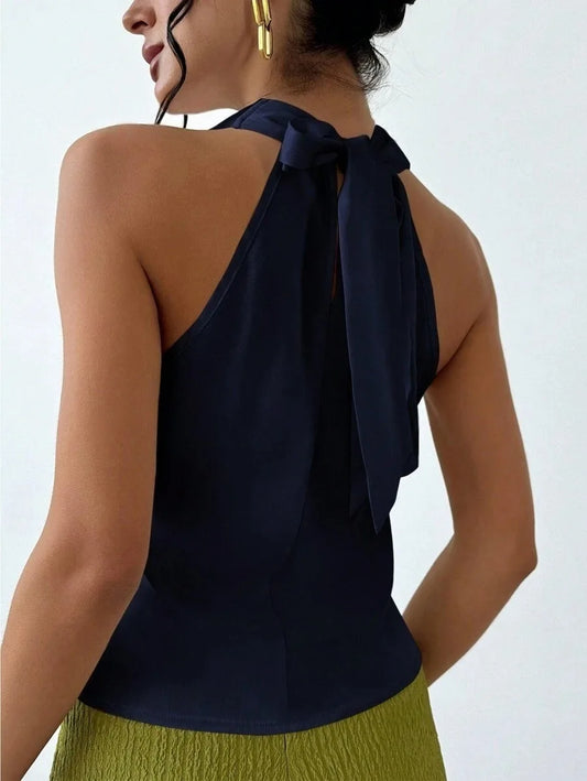 Elegant Satin Halter Blouse for Women – Sleeveless Bow Neck Office Lady Top