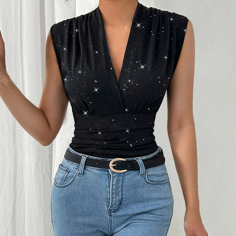 Fashioned Sequined Decor Blouse/New Mesh V~Neck/Folds Sleeveless Tank Top/Streetwear Tight Waist Slim Black Cropped Blouse.