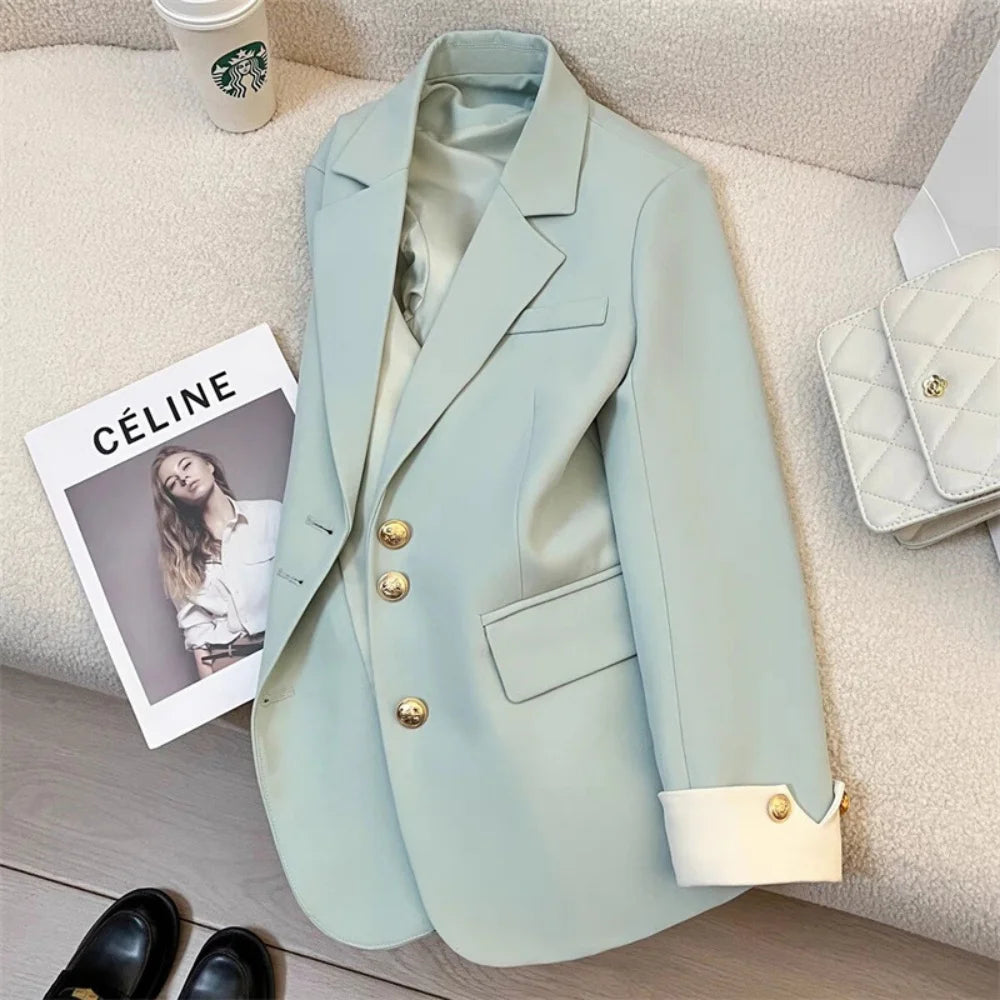 Single Breasted Notched Blazer/Buttoned V~Neck/Solid Long Sleeve Office Lady Blazers.