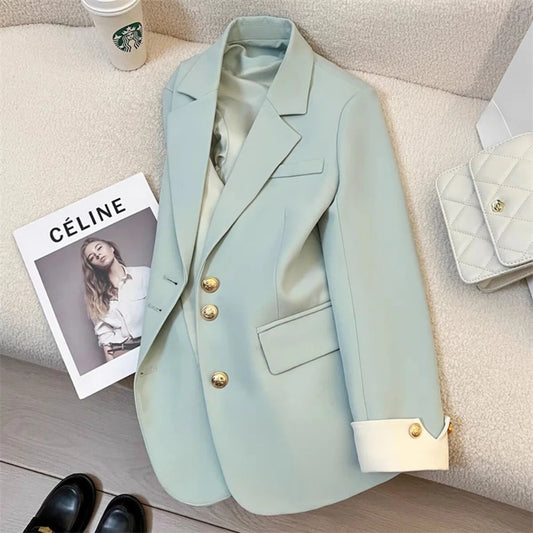 Single Breasted Notched Blazer/Buttoned V~Neck/Solid Long Sleeve Office Lady Blazers.
