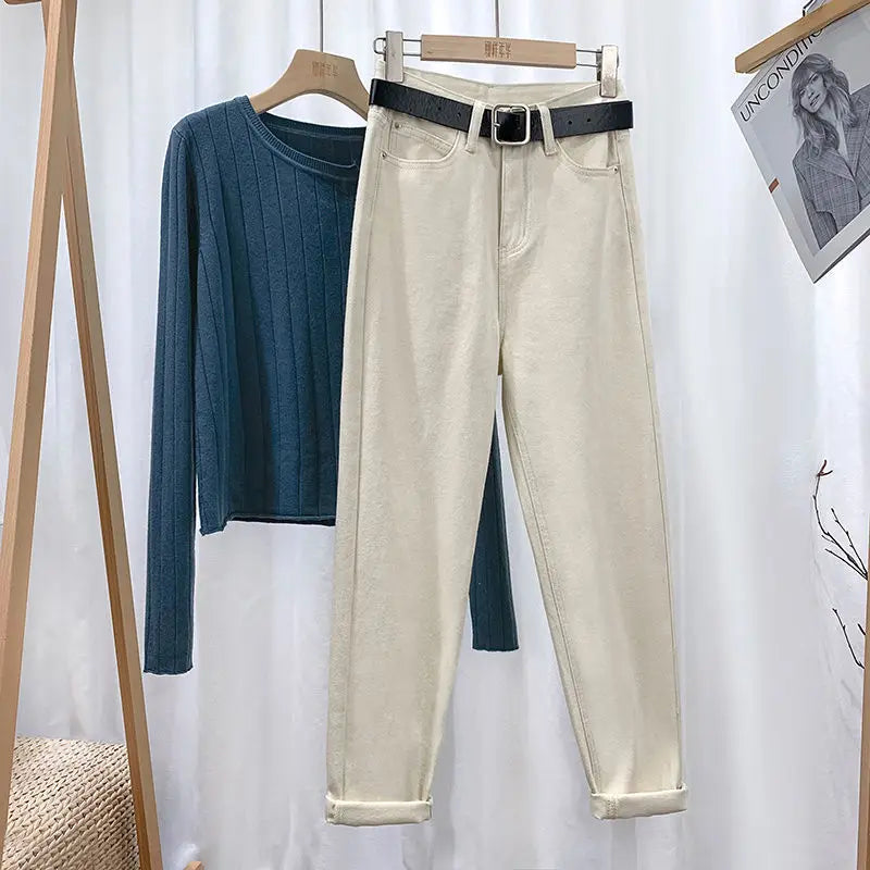 Symmetry Multi Style Pants/Stylish High Waisted Denim/Straight Leg Jeans Female Trousers/Pockets Roll Up Cuffs Casual Trendy Look.