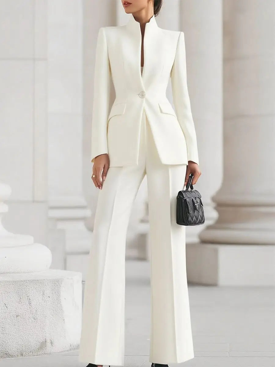 Two-Piece Women’s Tailored Pant Set – Elegant Solid Matching Blazer & Pants