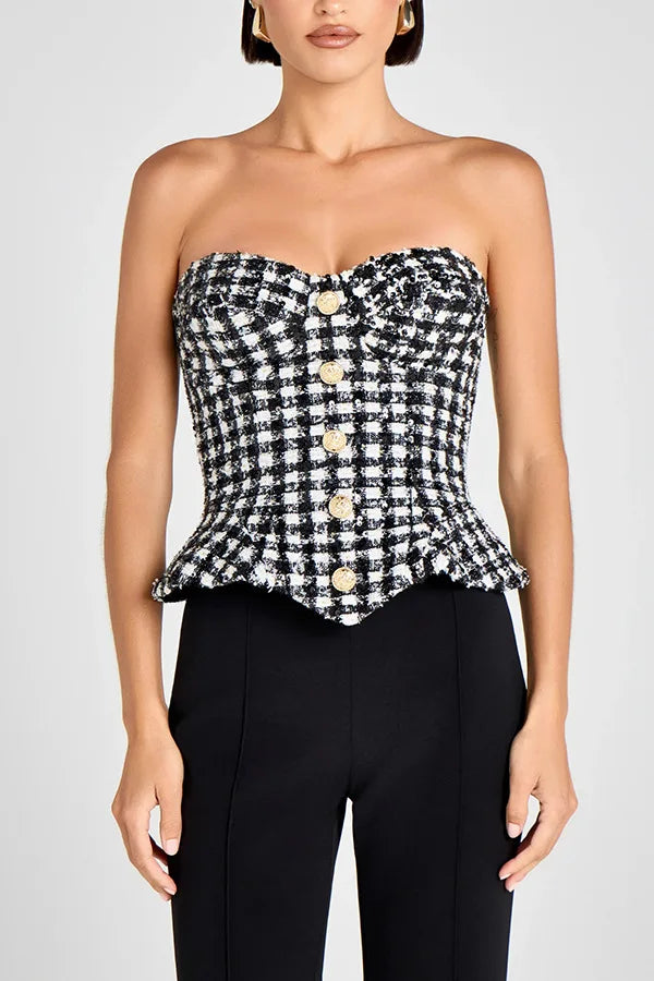Luxury Tweed Corset Top for Women – Strapless Peplum Bustier with Gold Button Detail | Elegant Timeless Boutique Fashion