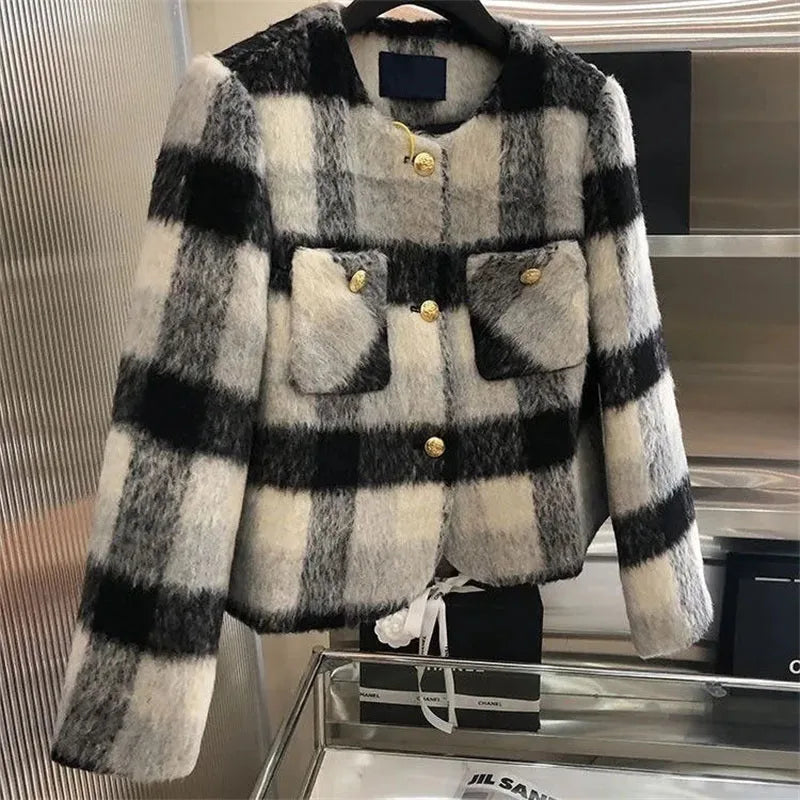 Women’s Plaid Textured Jacket with Gold Buttons – Structured O-Neck Statement Coat | Autumn Winter Luxe Outerwear