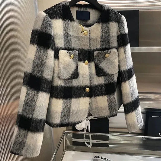 Women’s Plaid Textured Jacket with Gold Buttons – Structured O-Neck Statement Coat | Autumn Winter Luxe Outerwear