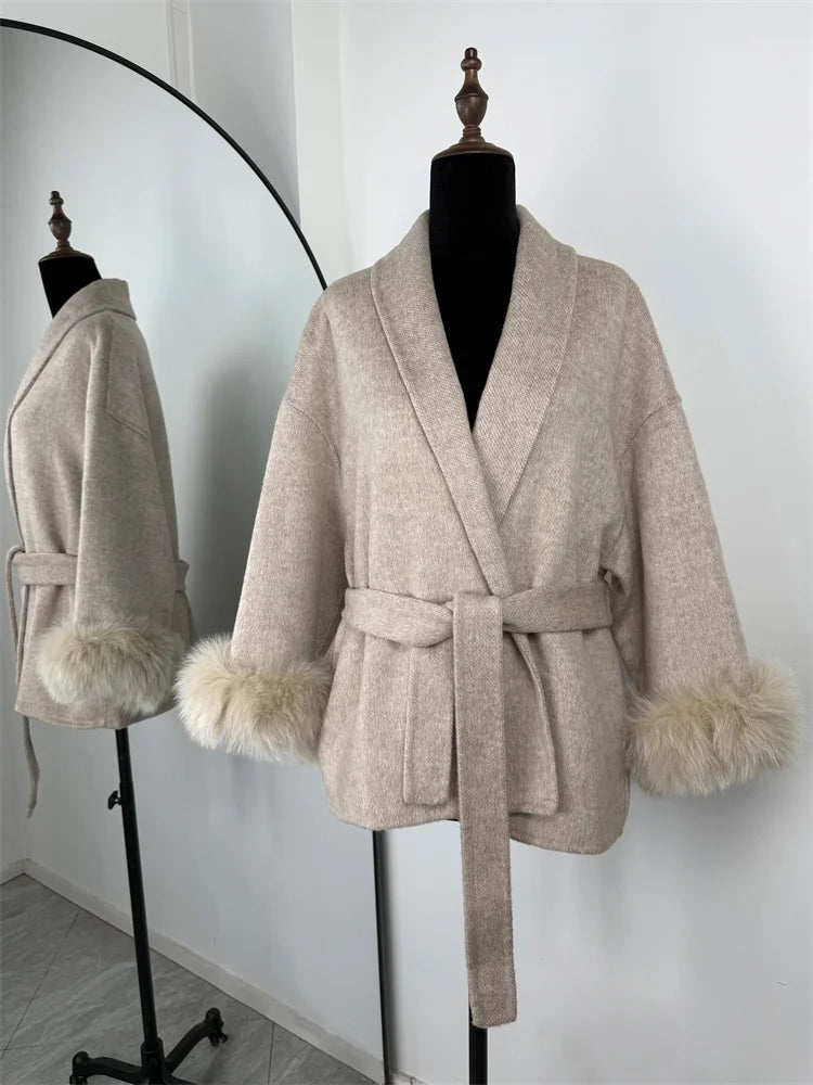 Tossy Fox Fur Overcoat/Short Fitted Cardigan Coat/Elegant Double-sided Woolen Coat.