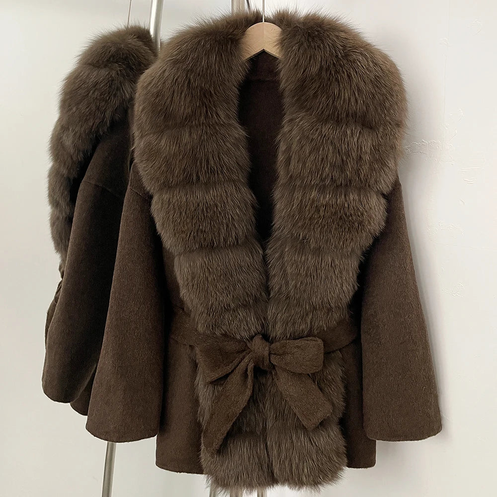 Woolen Blended Winter Coat’s/Female New Fox Fur Coat/Autumn Woolen Coat/Real Fur Collar/Women Warm Clothing.