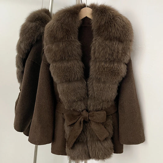 Woolen Blended Winter Coat’s/Female New Fox Fur Coat/Autumn Woolen Coat/Real Fur Collar/Women Warm Clothing.