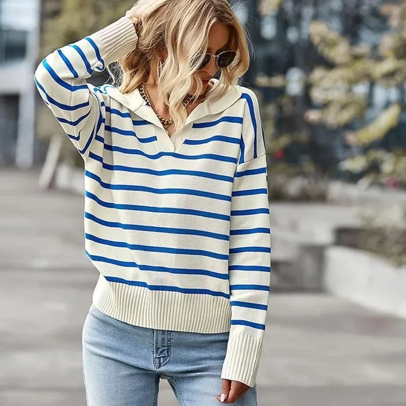 Striped Knitted Sweater Top Casual/Autumn Winter Long Sleeve/Turn/Down Collar Loose Knitwear/Autumn collar V neck Streetwear.