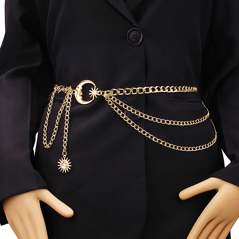 Women Waist Chain Belt/Dress Skirt Belt’s With Moon Star Body Waistband/Luxury Fashion Ladies Chain Cloth Accessories.